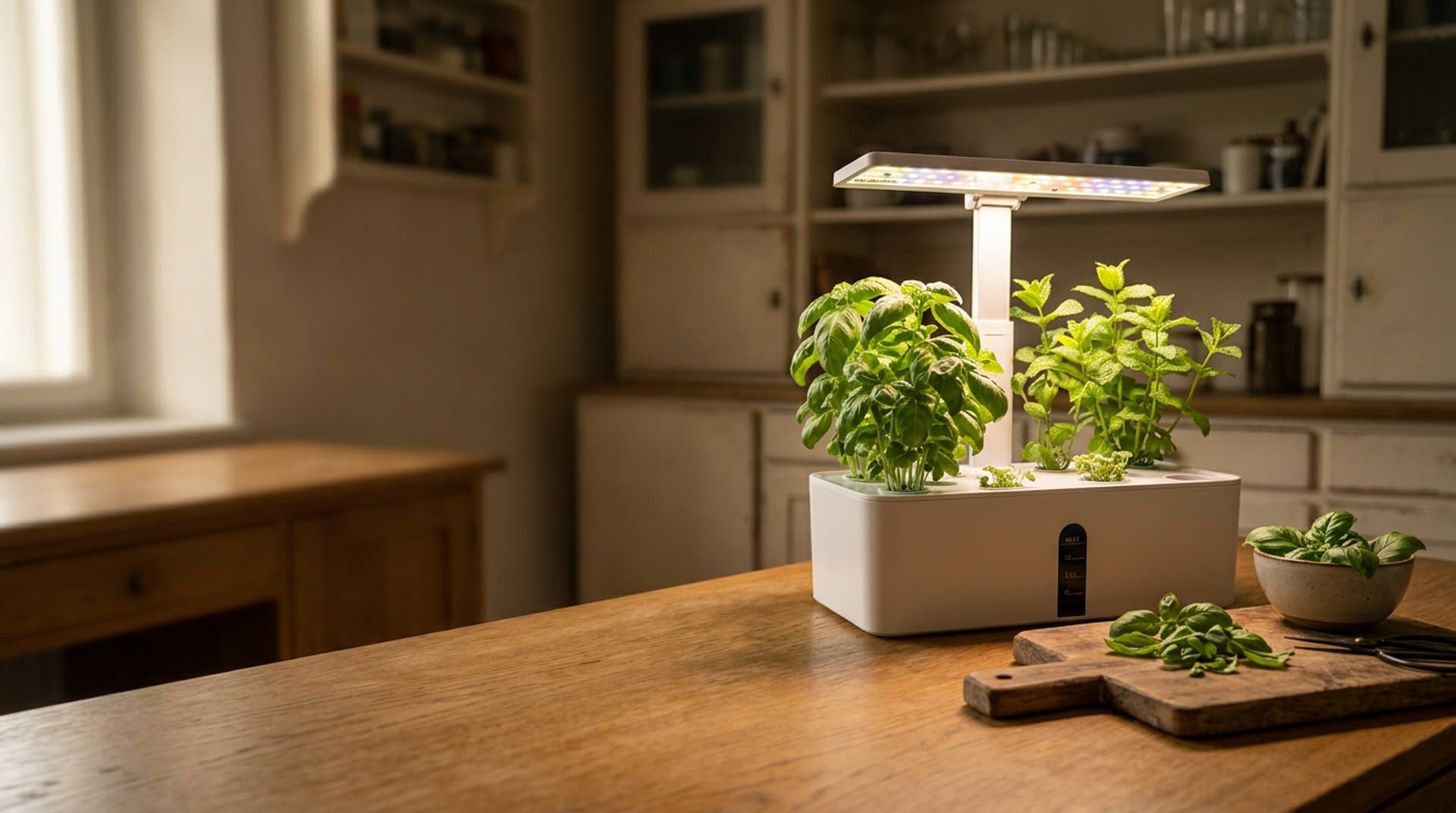 The Gardenia GrowPod on a kitchen counter, herbs full under its light panel