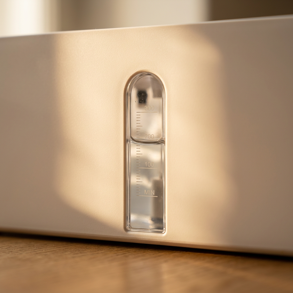 Close-up of the water-level window on the front of the GrowPod