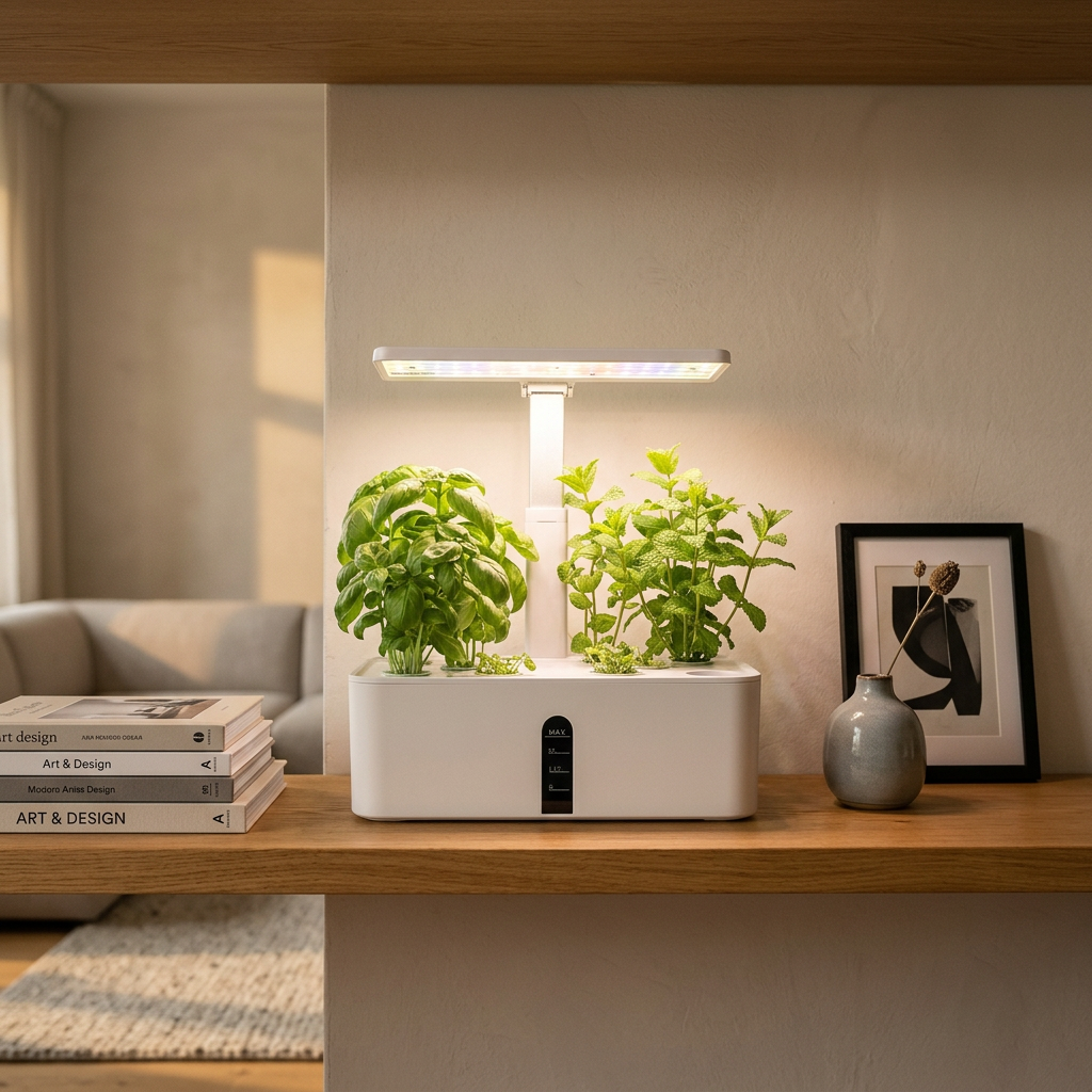 The GrowPod on a shelf beside books and a vase