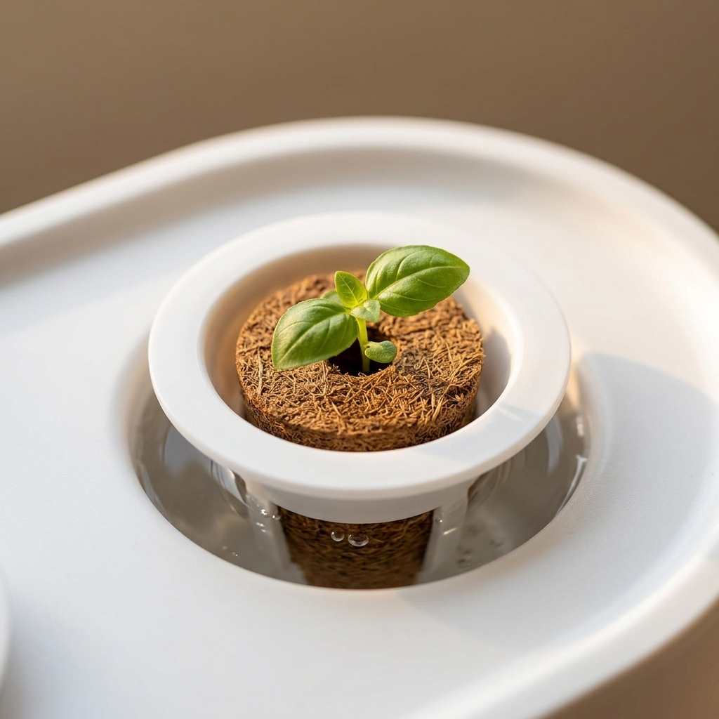 A grow pouch seated in a GrowPod pod with a basil seedling growing from it