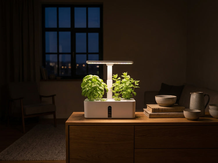 A small lamp casting warm evening light over a potted herb on a wooden shelf
