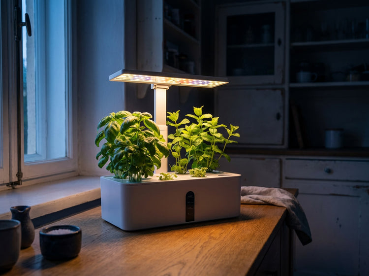 Basil leaves edge-lit by a soft warm glow in a dim evening room
