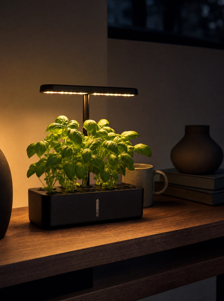 The Gardenia GrowPod in black with basil glowing under its light bar, on a walnut shelf at dusk