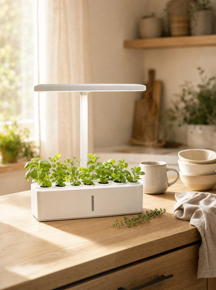 The Gardenia GrowPod in white with young herbs, on an oak counter in soft morning light
