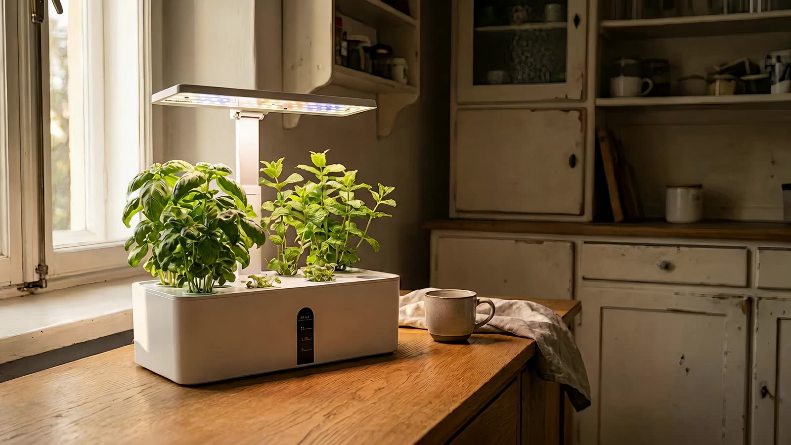 Der GrowPod auf einem Küchenregal, Basilikum, das sich über mehrere Wochen unter der Lichtleiste ausbreitet